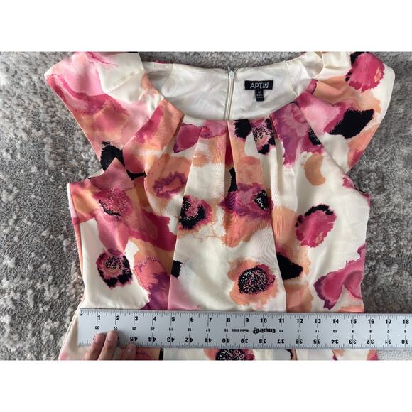 Apt 9 Size 12 Floral Print Pleated Mini Fit Flared Dress Cap Sleeve Zip Pink - Picture 6 of 11
